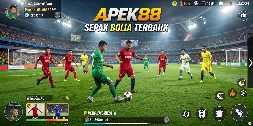 Screenshot gameplay dari APEK88 dengan aksi sepak bola yang intens.