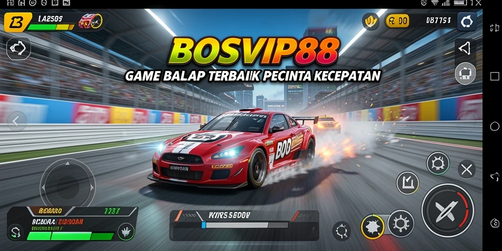 Screenshot gameplay BOSVIP88 yang menunjukkan aksi balapan seru dan mobil cepat.