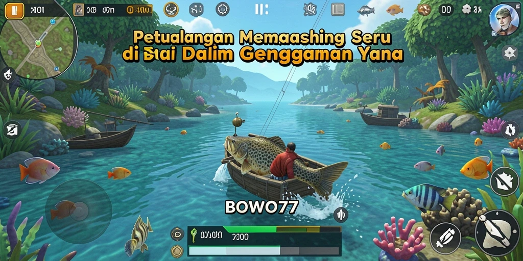Screenshot gameplay BOWO77 menampilkan aksi memancing yang seru.