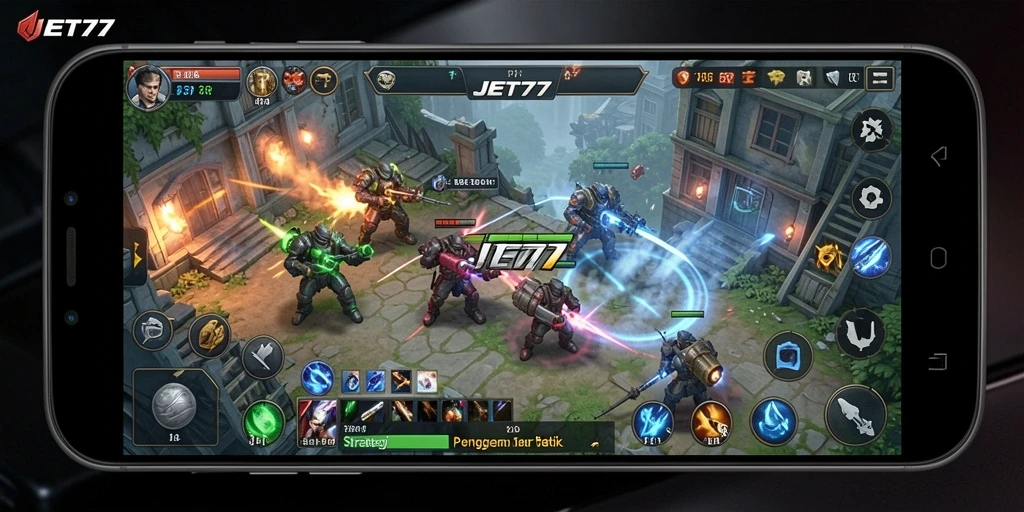 Screenshot gameplay JET77 menampilkan pertempuran strategi yang intens.