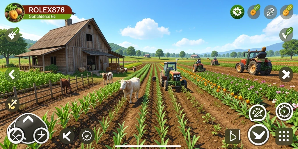 Tangkapan layar gameplay ROLEX878 menampilkan kebun yang subur dan hewan ternak.